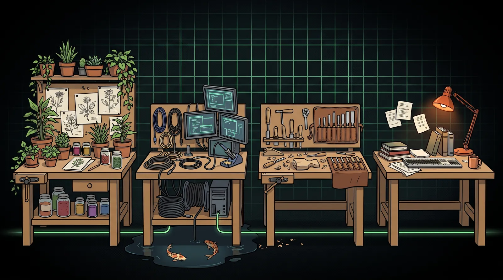 Quatro bancadas lado a lado, cada uma tomada por um ofício diferente: plantas e desenhos botânicos, cabos e telas, formões e madeira, livros e teclado. Um fio de luz verde corre embaixo das quatro.